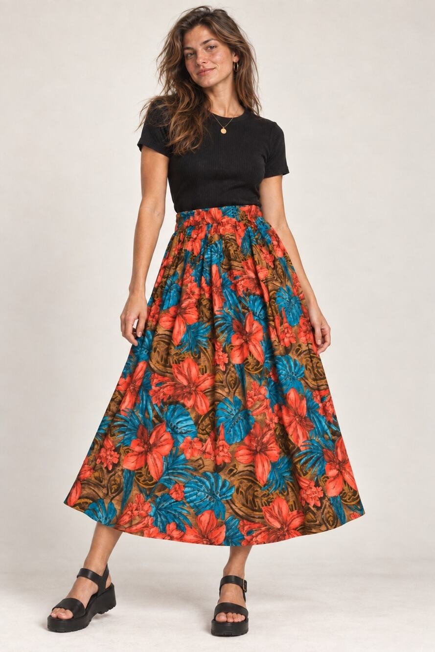 Vintage 90s Worthington Tropical Floral Midi Skirt Size 14 Rayon A Line 34” Long